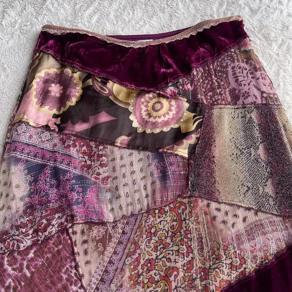 SOLD Cache vintage Y2K patchwork silk maxi skirt fairy paisley floral velvet - Picture 5 of 12